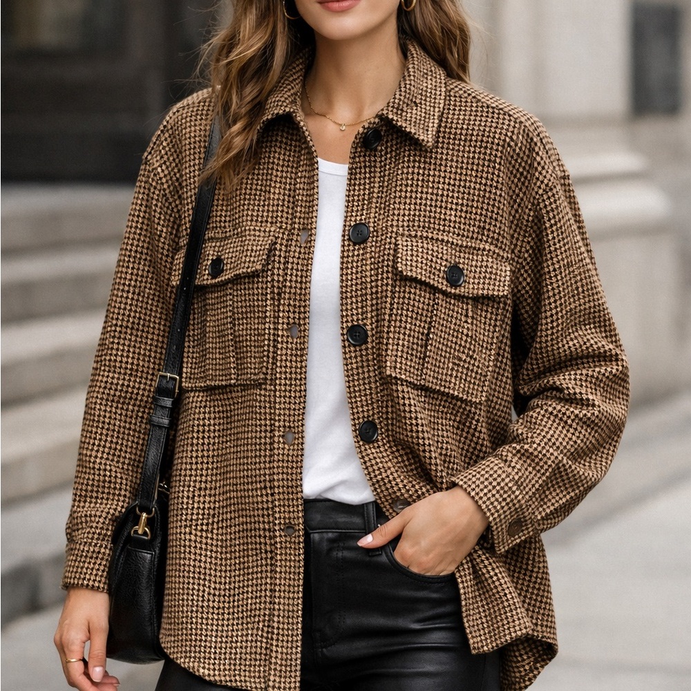 Current Air Brown Houndstooth Utility Shacket Jacket